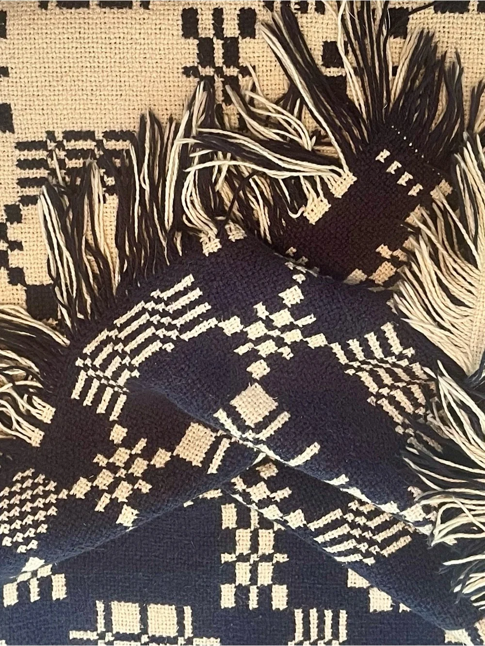 Antique Jacquard Woven Fringe Double Weave Coverlet in Colonial American Pattern